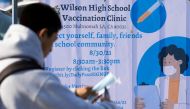 FILE PHOTO: A sign is seen as a mobile vaccination teams begin visiting every Los Angeles Unified middle and high school campus to deliver first and second doses of the coronavirus disease (COVID-19) vaccines as students return to in-person classes in Los