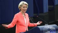 European Commission President Ursula von der Leyen delivers a speech during a debate on 