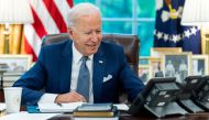US President Joe Biden speaks on the phone with French President Emmanuel Macron from the Oval Office of the White House in this official White House handout photo released after the call in Washington, U.S., September 22, 2021. Adam Schultz/The White Hou