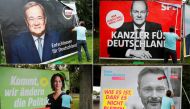 File photo: A combination of four images shows placards of Germany’s top candidates for the September 26 German general elections being placed on large boards. The top row shows Armin Laschet of the Christian Democratic Union Party CDU and Olaf Scholz of 
