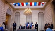 Greek Prime Minister Kyriakos Mitsotakis, Greek Defence Minister Nikolaos Panagiotopoulos, Greek Foreign Affairs Minister Nikos Dendias, French Foreign Affairs Minister Jean-Yves Le Drian, French Defence Minister Florence Parly and French President Emmanu