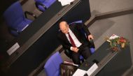 Social Democratic Party top candidate for chancellor Olaf Scholz attends a SPD faction meeting at Bundestag in Berlin, Germany, September 28, 2021. REUTERS/Hannibal Hanschke