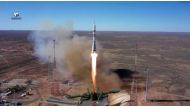 The Soyuz MS-19 spacecraft carrying the crew, formed of Russian cosmonaut Anton Shkaplerov, film director Klim Shipenko and actress Yulia Peresild, blasts off to the International Space Station (ISS) from the launchpad at the Baikonur Cosmodrome, Kazakhst