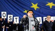 Former Polish president Lech Walesa speaks during a rally in support of Poland's membership in the European Union. (Bartosz Banka/Agencja Gazeta via REUTERS)