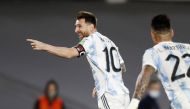 Argentina's Lionel Messi celebrates scoring their first goal REUTERS/Agustin Marcarian