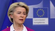European Commission President Ursula von der Leyen gives a media statement on the coronavirus disease (COVID-19) vaccines, in Brussels, Belgium October 18, 2021. REUTERS/Yves Herman/Pool