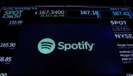 The Spotify logo is displayed after the stock began selling as a direct listing on the floor of the New York Stock Exchange in New York, US, April 3, 2018. Reuters/Lucas Jackson/File Photo