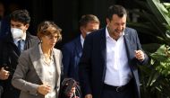 Leader of Italy's right-wing League party Matteo Salvini and his lawyer, Giulia Bongiorno leave after a hearing in the trial, in Palermo, Italy, October 23, 2021. Reuters/Antonio Parrinello