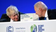 British Prime Minister Boris Johnson and US President Joe Biden react during the 