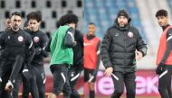 Collage of Qatar's players in action during a training session yesterday ahead of their FIFA World Cup Qatar 2022 European Qualifier in Belgrade (left) and Qatar coach Felix Sanchez (left) during yesterday's practice session. 