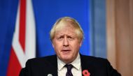 Britain's Prime Minister Boris Johnson speaks during a news conference following the the UN Climate Change Conference (COP26) inside the Downing Street Briefing Room in central London, Britain November 14, 2021. Daniel Leal/Pool via REUTERS
