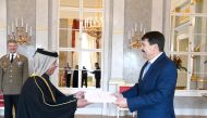 President of the Republic of Hungary H E Janos Ader receiving credentials of the Ambassador of the State of Qatar to Hungary H E Abdullah bin Falah Al Dossari. 

