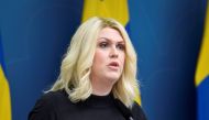 Minister for Health and Social Affairs Lena Hallengren attends a news conference on new restrictions to curb the spread of the coronavirus disease (COVID-19), in Stockholm, Sweden, November 17, 2021. Jessica Gow/TT News Agency/via REUTERS