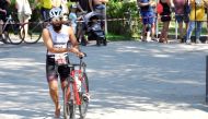 Fahad Al Mohammed makes the transition from swim to bike at Lake Bled Triathlon in Slovenia in this file photo.