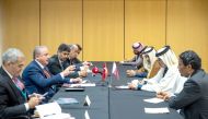 Speaker of the Shura Council H E Hassan bin Abdullah Al Ghanim holding talks with Speaker of the Grand National Assembly of Turkey, Mustafa Sentop, in Madrid, yesterday.