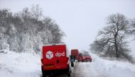 Cars are stuck in snow that fell overnight from Storm Arwen, in Leek, Staffordshire, Britain, November 27, 2021. Reuters/Carl Recine