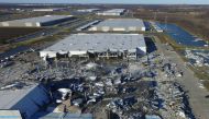 The site of a roof collapse at an amazon.com distribution centre a day after a series of tornadoes dealt a blow to several U.S. states, in Edwardsville, Illinois, U.S. December 11, 2021. REUTERS/Drone Base 