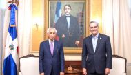 President of the Dominican Republic H E Luis Abinader with Minister of State for Foreign Affairs H E Sultan bin Saad Al Muraikhi.