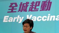 Hong Kong Chief Executive Carrie Lam speaks at a news conference to announce the shortening of quarantine for most arrivals to 7 days, in Hong Kong, China June 21, 2021. REUTERS/Joyce Zhou/File Photo