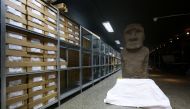 A Moai statue from Easter Island is displayed at the Natural History Museum before returning to the island, in Santiago, Chile, February 21, 2022. REUTERS/Ivan Alvarado
