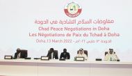 Prime Minister of the Transitional Government of the Republic of Chad Bahimi Badaki Albert (second left), Minister of State for Foreign Affairs H E Sultan bin Saad Al Muraikhi (second right), Chairperson of the African Union Commission H E Moussa Faki Mahamat (left), and Special Envoy of Qatar’s Minister of Foreign Affairs for Combating Terrorism and Mediation in Settlement of Disputes H E Mutlaq bin Majid Al Qahtani (right) during the talks, yesterday.
