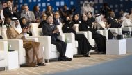 Prime Minister and Minister of Interior H E Sheikh Khalid bin Khalifa bin Abdulaziz Al Thani (first left) attending the closing ceremony of Doha Forum 2022, yesterday. 

