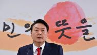 South Korea's president-elect Yoon Suk-yeol speaks during a news conference to address his relocation plans of the presidential office, at his transition team office, in Seoul, South Korea, March 20, 2022.Jung Yeon-je/Pool via REUTERS

