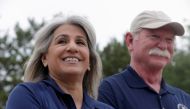 Paula and Joey Reed speak at a news conference concerning the homecoming of their son, US Marine Trevor Reed, in Granbury, Texas, U.S. April 27, 2022. Reuters/Shelby Tauber 