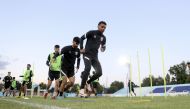 Qatar U-23 players during a training session in Tashkent, yesterday.