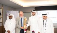 Qatar Basketball Association President Mohammed Saad Al Mughaiseeb, Secretary General Saadoun Sabah Al Kuwari, Asian Basketball Federation Secretary General Hagop Kagerian and Tournament Director Mishaal Ahmed Al Enezi pose with the trophy after a press conference yesterday.