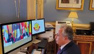 Ambassador of Qatar to the French Republic and Qatar’s representative to the International Organization of La Francophonie H E Sheikh Ali bin Jassim Al Thani attending the meeting via videoconferencing.
