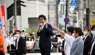 Former Japanese Prime Minister Shinzo Abe makes a speech before he was shot from behind by a man in Nara, western Japan July 8, 2022 in this photo taken by The Asahi Shimbun. The Asahi Shimbun/via REUTERS