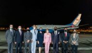 Taiwan Foreign Minister Joseph Wu with US House of Representatives Speaker Nancy Pelosi, American Institute in Taiwan Director Sandra Oudkirk and other members of the delegation at Taipei Songshan Airport in Taipei, Taiwan, August 2, 2022. (Taiwan Ministry of Foreign Affairs/Handout via REUTERS)