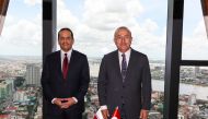 Deputy Prime Minister and Minister of Foreign Affairs H E Sheikh Mohammed bin Abdulrahman Al Thani with Minister of Foreign Affairs of Turkey H E Mevlut Cavusoglu, in Phnom Penh, Cambodia.
