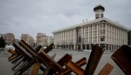 Anti-tank constructions are seen in central Kyiv, Ukraine, on March 7, 2022. (REUTERS/Gleb Garanich)