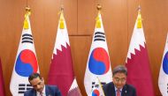 Deputy Prime Minister and Minister of Foreign Affairs H E Sheikh Mohammed bin Abdulrahman Al Thani and South Korea's Minister of Foreign Affairs H E Park Jin signing the agreement in Seoul yesterday.
