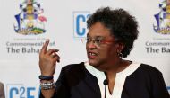 Barbados's Prime Minister Mia Mottley speaks during a press conference at an event where leaders of Caribbean nations meet for a two-day conference to discuss the region's approach to the COP27 climate talks, in Nassau, Bahamas, on August 17, 2022. (REUTERS/Dante Carrer)