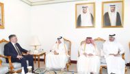 Minister of State for Foreign Affairs H E Sultan bin Saad Al Muraikhi (second left) with the Ambassador of the Republic of Moldova to the State of Qatar H E Iulian Grigorita.