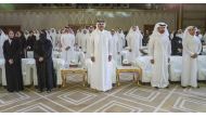 Prime Minister and Minister of Interior H E Sheikh Khalid bin Khalifa bin Abdulaziz Al Thani (centre), Minister of Education and Higher Education H E Buthaina bint Ali Al Jabr Al Nuaimi (first left) and other officials and teachers during a World Teachers' Day event in Doha yesterday. 