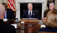 US President Joe Biden, next to US Defence Secretary Lloyd Austin and Chairman of the Joint Chiefs of Staff US Army General Mark Milley, attends a meeting with Defence Department leaders in the State Dining Room at the White House in Washington, US, on October 26, 2022. REUTERS/Jonathan Ernst
