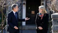 Canada's Foreign Minister Melanie Joly and US Secretary of State Antony Blinken speak outside the Canadian Government Guest House ahead of a working lunch, in Ottawa, Ontario, Canada, on October 27, 2022. (Photo by BLAIR GABLE / POOL / AFP)