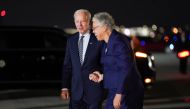 US President Joe Biden and Toni Preckwinkle, President of the Cook County Board of Commissioners, walk as he arrives for campaign events ahead of the midterm elections, at Chicago O'Hare International Airport in Chicago, Illinois, US, November 4, 2022. REUTERS/Kevin Lamarque
 