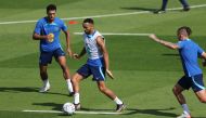 England’s Jude Bellingham (left) with Callum Wilson and Kalvin Phillips during a training session. Reuters