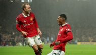 Manchester United's Marcus Rashford celebrates scoring their first goal with Christian Eriksen during the English Premier League match against Nottingham Forest at the Old Trafford, Manchester, Britain, on December 27, 2022.   REUTERS/Phil Noble