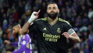  Real Madrid's French forward Karim Benzema celebrates scoring a goal from the penalty spot during the Spanish League football match between Real Valladolid FC and Real Madrid CF at the Jose Zorilla stadium in Valladolid on December 30, 2022. (Photo by CESAR MANSO / AFP)