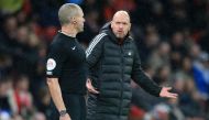 Manchester United's Dutch manager Erik ten Hag reacts during the English Premier League football match between Manchester United and Bournemouth at Old Trafford in Manchester, north west England, on January 3, 2023. (Photo by Lindsey Parnaby / AFP)