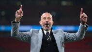 File Photo: Italy's delegation chief Gianluca Vialli greets supporters after Italy won the UEFA EURO 2020 final football match between Italy and England at the Wembley Stadium in London on July 11, 2021. Photo by Laurence Griffiths / POOL / AFP


