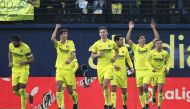 Villareal's players celebrate goal during the Spanish League match between Villarreal CF and Real Madrid CF at La Ceramica stadium in Villarreal on January 7, 2023. (Photo by JOSE JORDAN / AFP)