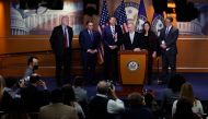 House Majority Leader Steve Scalise (fourth left) is joined by (left to right) House Majority Whip Tom Emmer, Rep. Anthony D'Esposito, Rep. Michael Cloud, House Republican Conference Chair Rep. Elise Stefanik and Rep. Adrian Smith for a news conference following a GOP caucus meeting at the US Capitol on January 10, 2023 in Washington, DC. (Photo by CHIP SOMODEVILLA / GETTY IMAGES NORTH AMERICA / Getty Images via AFP)