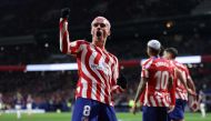 Atletico Madrid's French forward Antoine Griezmann celebrates scoring his team's second goal during the Spanish league football match between Club Atletico de Madrid and Real Valladolid FC at the Wanda Metropolitano stadium in Madrid on January 21, 2023. (Photo by Pierre-Philippe Marcou / AFP)